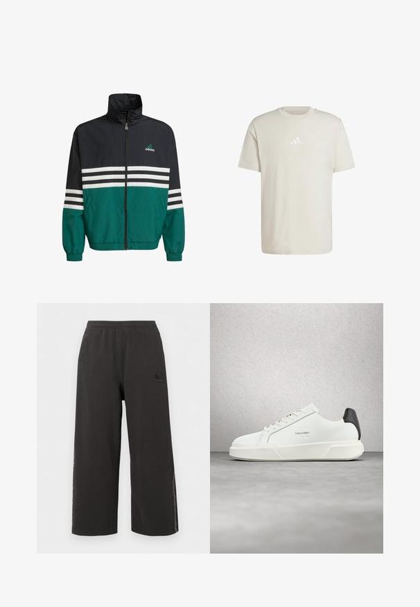 Čierna a teal vetrovka s vysokým golierom, zipsovým uzáverom a bielymi horizontálnymi pruhmi. Obsahuje logo Adidas na hrudi.; Svetlo béžové bavlnené tričko s okrúhlym výstrihom a krátkymi rukávmi. Obsahuje malé, tónové logo Adidas na hrudníku. Mäkká textúra, klasický strih.; Čierne široké voľnočasové nohavice so elastickým pásom, bočnými vreckami a jemným logom na ľavom stehne.; Biele tenisky s hladkým koženým zvrškom, plochými šnúrkami a vyvýšenou bielou podrážkou. Sú doplnené čiernym akcentom na päte a vyrazeným logom.