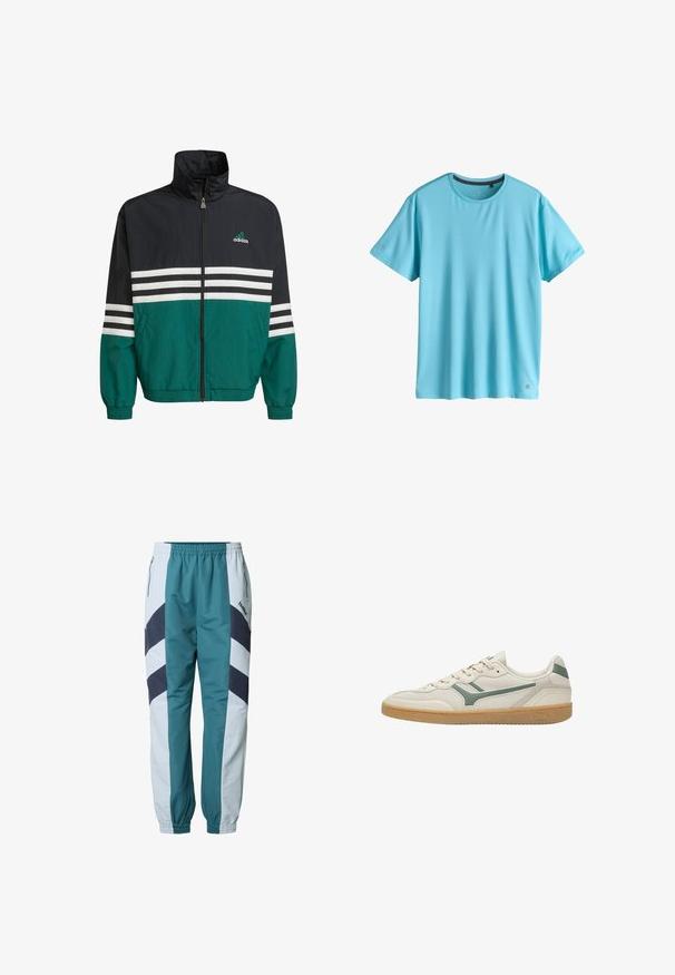 Čierna a teal vetrovka s vysokým golierom, zipsovým uzáverom a bielymi horizontálnymi pruhmi. Obsahuje logo Adidas na hrudi.; Jednoduché svetlomodré športové tričko s krátkym rukávom a okrúhlym výstrihom, vyrobené z priedušného materiálu, zobrazené na bielom pozadí.; Tyrkysovo sivé tepláky so vzorom šípiek, s elastickým pásom, bočnými vreckami a rebrovanými manžetami na členkoch.; Béžová nízka teniska so zeleným bočným pruhom, zvršok z mesh a kože, béžové šnúrky a gumová podrážka.