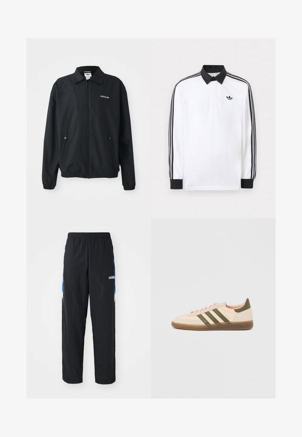 Veste noire zippée fabriquée en tissu léger. Elle présente un col pointu, deux poches latérales avec des zips et un logo brodé sur la poitrine.; Polo blanc à manches longues avec col noir, poignets noirs, motif trois bandes noires sur les manches et logo Adidas noir sur la poitrine.; Pantalons de sport noirs avec une taille élastique, présentant des accents graphiques bleus et blancs sur les côtés, et un logo brodé.; Baskets beige discrètes Adidas Spezial avec des bandes vertes, une semelle en caoutchouc et le logo "SPEZIAL" sur le côté, vues de l'extérieur.