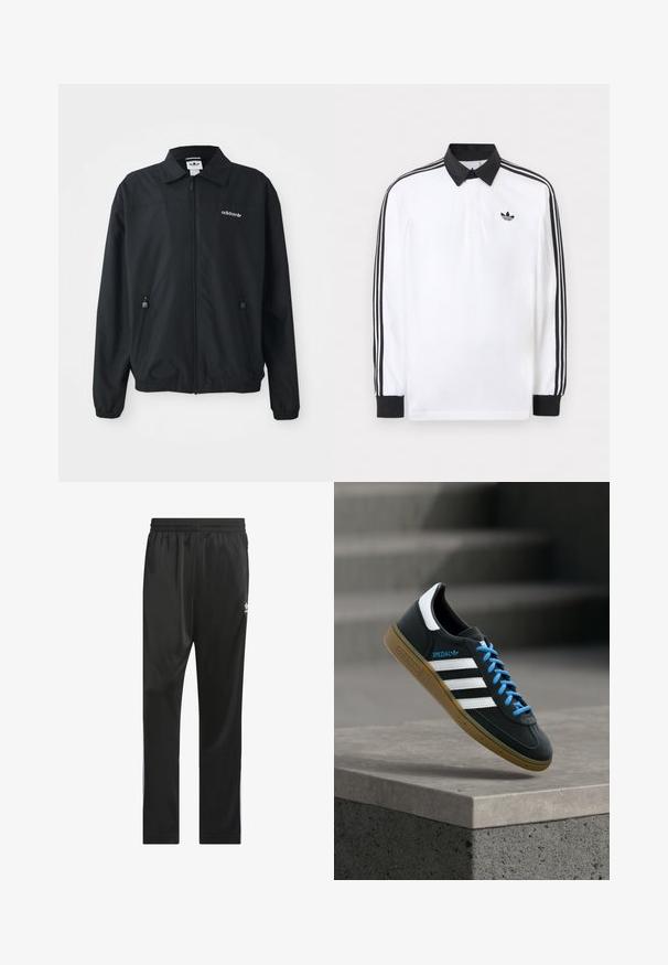 Veste noire zippée fabriquée en tissu léger. Elle présente un col pointu, deux poches latérales avec des zips et un logo brodé sur la poitrine.; Polo blanc à manches longues avec col noir, poignets noirs, motif trois bandes noires sur les manches et logo Adidas noir sur la poitrine.; Pantalon de sport noir en matériau lisse et léger. Doté d'une taille élastique et de rayures blanches sur les côtés avec un logo sur la cuisse.; Baskets Adidas noires avec des rayures blanches, des lacets bleus et une semelle en gomme flottant au-dessus d'une marche en béton grise sous une lumière douce.