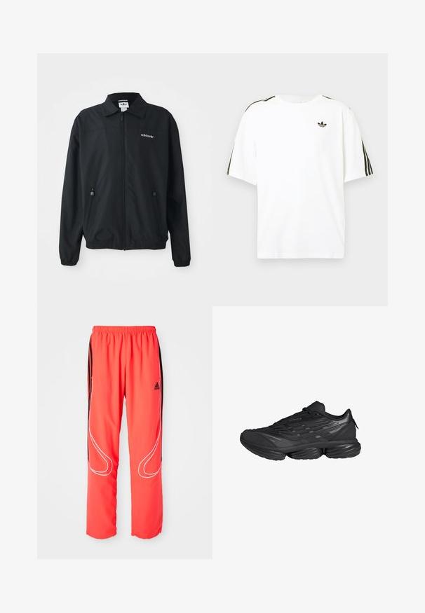 Veste noire zippée fabriquée en tissu léger. Elle présente un col pointu, deux poches latérales avec des zips et un logo brodé sur la poitrine.; T-shirt en coton blanc à manches courtes, avec des accents noirs à trois rayures sur les épaules et un petit logo noir sur la poitrine.; Pantalons de sport rouges avec une coupe décontractée, taille élastique, rayures latérales noires et liseré blanc le long des jambes. Logo Adidas sur la hanche.; Chaussure de sport noire avec semelle segmentée épaisse, dessus texturé et fermeture à lacets, vue de côté sur fond blanc.