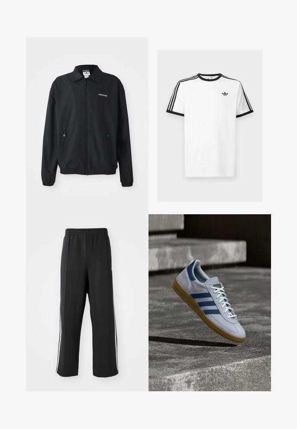 Zwarte zip-up jack gemaakt van lichtgewicht stof. Kenmerken een puntige kraag, twee zijzakken met ritsen en een geborduurd logo op de borst.; Witte katoenen t-shirt met zwart geribde halslijn en mouwen, met drie zwarte strepen op elke schouder en een klein logo op de borst.; Zwarte trainingsbroek met een elastische tailleband, voorzien van witte zijstrepen en een relaxte pasvorm. Gemaakt van zachte, rekbare stof.; Lichtblauwe Adidas Spezial sneaker met marineblauwe strepen en rubberen zool, getoond in de lucht boven betonnen trappen in een neutrale buitenomgeving.