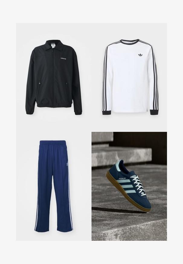 Schwarze Zip-Up-Jacke aus leichtem Stoff. Mit einem spitzen Kragen, zwei seitlichen Taschen mit Reißverschlüssen und einem gestickten Logo auf der Brust.; Weißes Adidas-Langarmshirt mit schwarzem Rundhalsausschnitt, schwarzen Bündchen, drei schwarzen Streifen an den Ärmeln und schwarzem Trefoil-Logo auf der Brust.; Marineblaue Sporthosen mit einem lockeren Schnitt, ausgestattet mit weißen seitlichen Streifen und einem elastischen Bund. Glattes Material, keine sichtbaren Muster oder Beschläge.; Blauer Adidas Spezial Sneaker mit weißen Streifen und Schnürsenkeln, Gummisohle, schwebend über rauer Betonoberfläche und Treppen im Hintergrund.