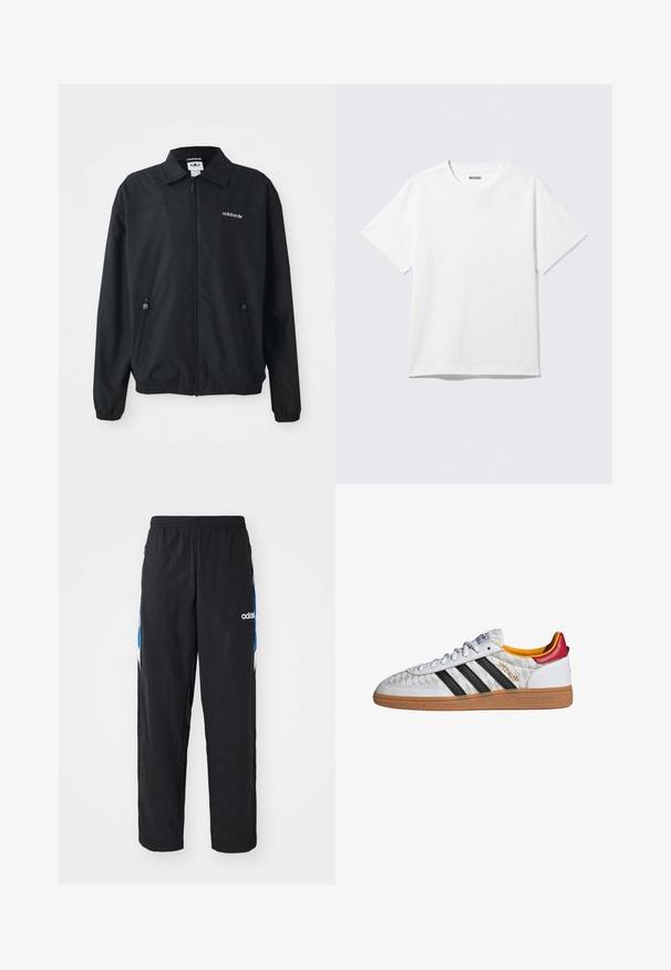 Zwarte zip-up jack gemaakt van lichtgewicht stof. Kenmerken een puntige kraag, twee zijzakken met ritsen en een geborduurd logo op de borst.; Witte T-shirt met korte mouwen en ronde hals, plat gelegd, effen ontwerp, met een "WEEKDAY" label in de kraag op een lichte achtergrond.; Zwarte sportbroeken met een elastische tailleband, voorzien van blauwe en witte grafische accenten aan de zijkanten en een geborduurd logo.; Witte Adidas Spezial sneaker met zwarte strepen, gumzool, doorgestikt patroon, rood hielstuk en gele voering, zijaanzicht.