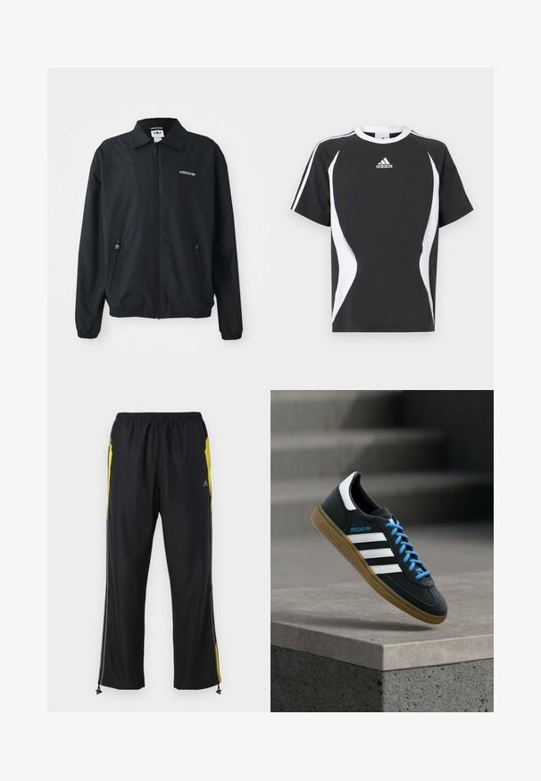Schwarze Zip-Up-Jacke aus leichtem Stoff. Mit einem spitzen Kragen, zwei seitlichen Taschen mit Reißverschlüssen und einem gestickten Logo auf der Brust.; Schwarzes kurzärmeliges T-Shirt mit weißen Designakzenten und Adidas-Logo auf der Brust. Hergestellt aus weichem Baumwollmaterial mit Rundhalsausschnitt.; Schwarze Sporthosen mit gelben Seitenakzenten, elastischem Bund und mit Reißverschlüssen versehenen Seitentaschen. Hergestellt aus leichtem, glattem Stoff.; Schwarzer Adidas-Sneaker mit weißen Streifen, blauen Schnürsenkeln und Gummisohle, der über einer grauen Betontreppe im weichen Licht schwebt.