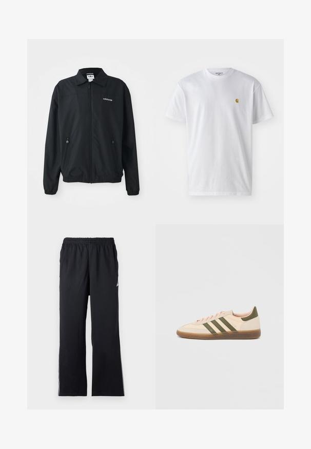 Schwarze Zip-Up-Jacke aus leichtem Stoff. Mit einem spitzen Kragen, zwei seitlichen Taschen mit Reißverschlüssen und einem gestickten Logo auf der Brust.; Weißes Baumwoll-T-Shirt mit kurzen Ärmeln, Rundhalsausschnitt, mit einem kleinen goldenen Logo im linken Brustbereich. Weicher Stoff und normale Passform.; Schwarze Sporthose aus elastischem Material, mit einem elastischen Bund und seitlichen Akzenten. Gerader Beinansatz mit dezentem Logo-Detail.; Flacher, beigefarbener Adidas Spezial Sneaker mit grünen Streifen, Gummisohle und "SPEZIAL" Schriftzug an der Seite, von der Außenseite gezeigt.