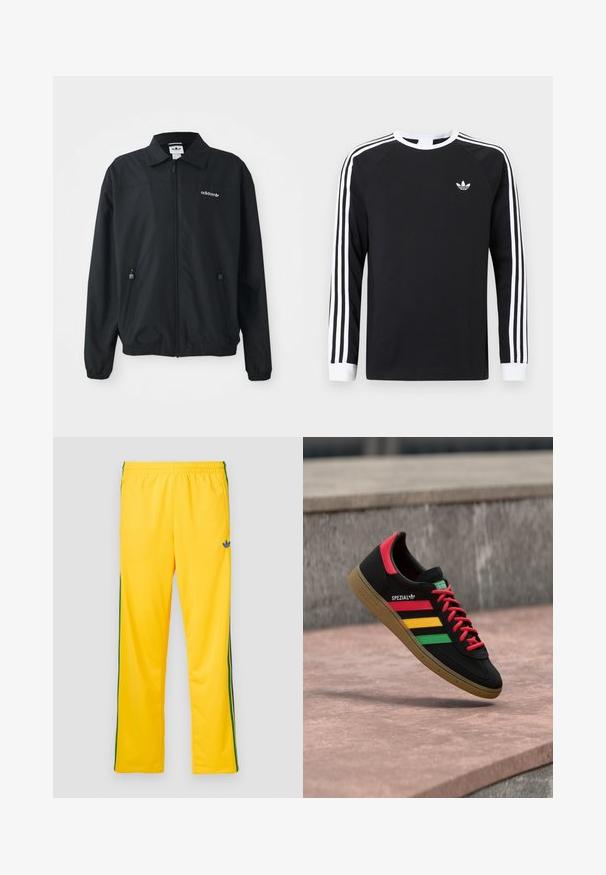 Zwarte zip-up jack gemaakt van lichtgewicht stof. Kenmerken een puntige kraag, twee zijzakken met ritsen en een geborduurd logo op de borst.; Zwart T-shirt met lange mouwen en een wit drie-strepen ontwerp op de mouwen. Voorzien van een ronde hals en een klein wit logo op de borst.; Gele sportbroek met een elastische tailleband, met groene zijstrepen en een klein blauw logo op de linker dij. Soepele stoftextuur.; Zwarte Adidas Spezial sneaker met rode, gele en groene strepen, rode veters, gumzool en een rode hieldetail, zwevend boven het trottoir.