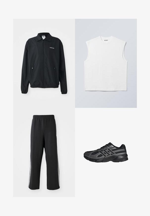 Schwarze Zip-Up-Jacke aus leichtem Stoff. Mit einem spitzen Kragen, zwei seitlichen Taschen mit Reißverschlüssen und einem gestickten Logo auf der Brust.; Weißes ärmelloses Baumwolltop mit Rundhalsausschnitt und strukturierten Schultern, mit "WEEKDAY" auf dem Kragenetikett versehen, vor hellgrauem Hintergrund dargestellt.; Schwarze Jogginghose mit elastischem Bund, ausgestattet mit weißen seitlichen Streifen und einem lässigen Schnitt. Hergestellt aus weichem, dehnbarem Stoff.; Schwarze Sportschuhe aus Netz- und synthetischem Material, mit einer strukturierten Oberfläche, mehreren grauen Streifen und einem gepolsterten Schaft.
