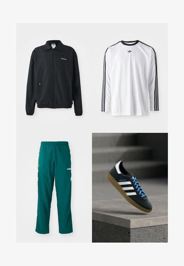 Zwarte zip-up jack gemaakt van lichtgewicht stof. Kenmerken een puntige kraag, twee zijzakken met ritsen en een geborduurd logo op de borst.; Witte lange mouw shirt van zachte stof met zwarte accenten, met drie zwarte strepen langs de mouwen en een klein zwart logo.; Groene sportbroek gemaakt van lichtgewicht stof, met een elastische tailleband, zijzakken en een wit Adidas-logo aan de linkerzijde.; Zwarte Adidas-sneaker met witte strepen, blauwe veters en een gumzool die boven een grijze betonnen trede zweeft in zacht licht.
