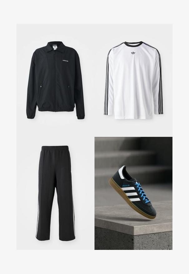 Zwarte zip-up jack gemaakt van lichtgewicht stof. Kenmerken een puntige kraag, twee zijzakken met ritsen en een geborduurd logo op de borst.; Witte lange mouw shirt van zachte stof met zwarte accenten, met drie zwarte strepen langs de mouwen en een klein zwart logo.; Zwarte trainingsbroek met een elastische tailleband, voorzien van witte zijstrepen en een relaxte pasvorm. Gemaakt van zachte, rekbare stof.; Zwarte Adidas-sneaker met witte strepen, blauwe veters en een gumzool die boven een grijze betonnen trede zweeft in zacht licht.