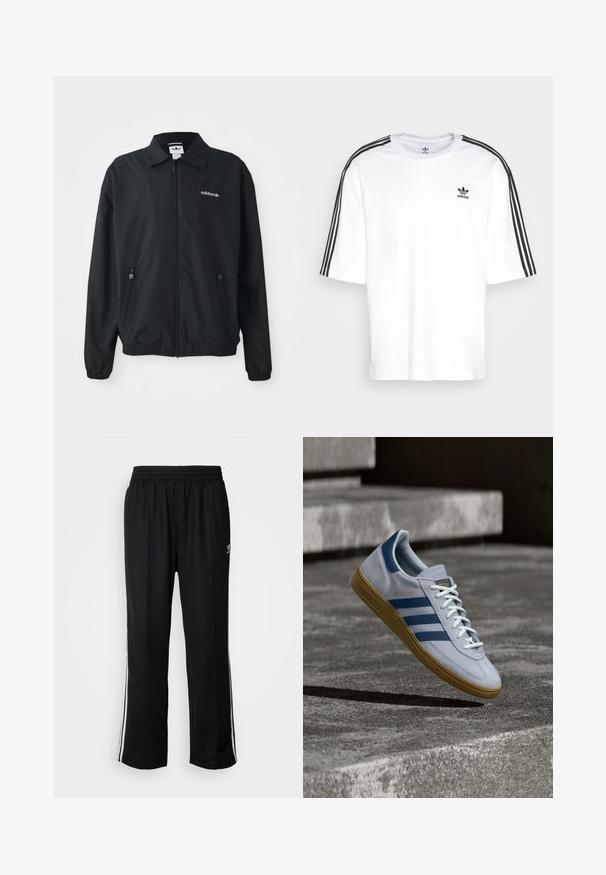 Schwarze Zip-Up-Jacke aus leichtem Stoff. Mit einem spitzen Kragen, zwei seitlichen Taschen mit Reißverschlüssen und einem gestickten Logo auf der Brust.; Weißes T-Shirt mit kurzen Ärmeln, schwarzen drei Streifen auf den Schultern und schwarzem Adidas-Logo auf der Brust. Aus weichem Baumwollmaterial.; Schwarze Sporthosen mit elastischem Bund, ausgestattet mit weißen Seitenstreifen und einem kleinen Logo. Das Material wirkt weich und leicht.; Hellblauer Adidas Spezial Sneaker mit dunkelblauen Streifen und Gummisohle, in der Luft über Betontreppen in neutralem Außenbereich gezeigt.