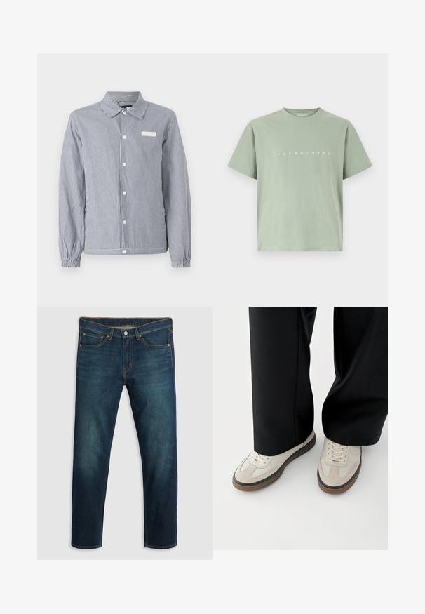 Chemise à rayures bleu marine et blanche, dotée d'un col, de longues manches avec des poignets élastiques et d'une petite étiquette blanche sur la poitrine.; T-shirt en coton vert clair avec des manches courtes et un col rond. Le devant affiche le texte "JACK & JONES" en blanc.; Jean en denim bleu foncé avec une coupe droite, cinq poches, coutures en cuivre et un logo sur la ceinture arrière. Texture lisse et coupe classique.; Pieds portant des baskets beige avec des semelles marron et un pantalon noir à jambes larges sur fond blanc.