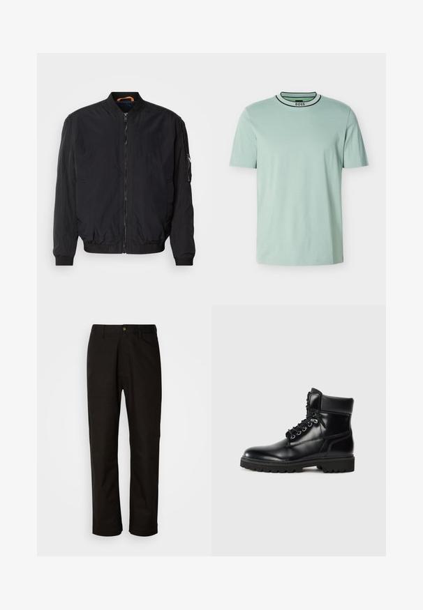 Schwarze Bomberjacke mit Reißverschluss vorne, gerippten Manschetten und Kragen. Aus glattem, leichtem Stoff gefertigt und mit einer seitlichen Tasche mit Reißverschluss.; Hellminzgrünes T-Shirt mit kurzen Ärmeln aus weicher Baumwolle. Verfügt über einen Rundhalsausschnitt mit schwarzem und weißem Besatz sowie ein Logo am Kragen.; Schwarze Baumwollhosen mit geradem Schnitt, Gürtelschlaufen, einem Reißverschluss vorne und einem einzelnen Knopfverschluss. Glatte Textur ohne sichtbare Muster.; Schwarze Lederstiefelette mit glänzender Oberfläche, Schnürdesign, gepolstertem Kragen und einer robusten Gummisohle mit Traktionsnoppen.