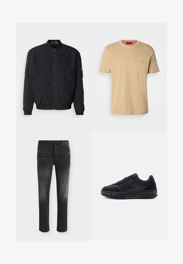 Veste bomber noire avec fermeture éclair sur le devant, poignets et col côtelés. Elle présente un tissu lisse et léger ainsi qu'une poche latérale avec fermeture éclair.; T-shirt en coton beige avec un col rond, des manches courtes et un petit logo blanc "HUGO" sur la poitrine. Texture lisse sans motifs.; Jean skinny noir avec des détails délavés, style cinq poches et fermeture par bouton à la taille.; Baskets basses noires avec lacets à l'avant, panneaux latéraux texturés et semelle en caoutchouc épaisse, présentées de profil sur un fond uni.