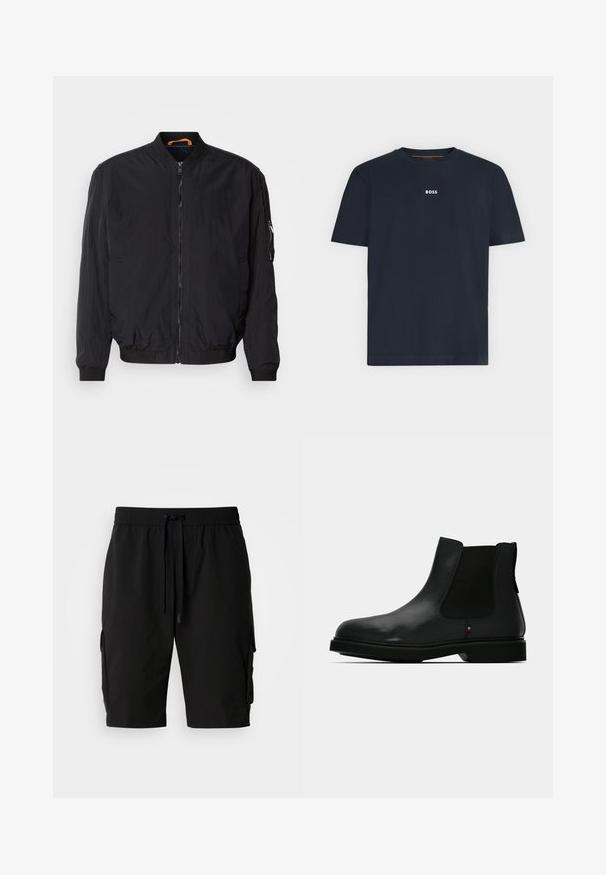 Schwarze Bomberjacke mit Reißverschluss vorne, gerippten Manschetten und Kragen. Aus glattem, leichtem Stoff gefertigt und mit einer seitlichen Tasche mit Reißverschluss.; Marineblaues Kurzarm-T-Shirt mit Rundhalsausschnitt und kleinem weißen "BOSS"-Logo mittig auf der Brust.; Schwarze Cargo-Shorts aus leichtem Material, mit elastischem Bund, Kordelzug und seitlichen Cargo-Taschen für zusätzlichen Stauraum.; Schwarzer Chelsea-Stiefel aus Leder mit elastischen Seitenteilen, rundem Zehenbereich und strukturierter Oberseite. Verfügt über eine flache Gummisohle und dezente Markenakzente.