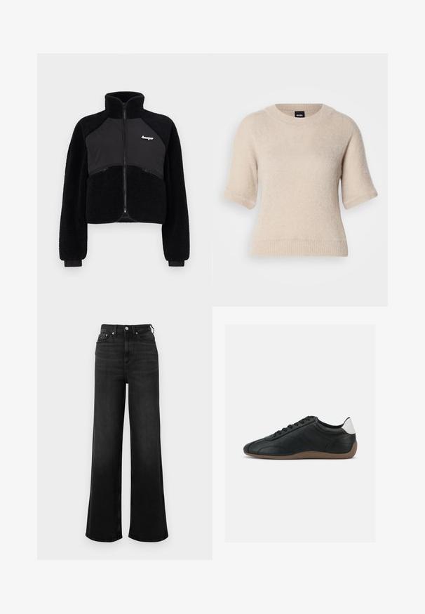 Sort lynlåsjakke med fleece og glatte stofpaneler, høj krave og ribbede manchetter. Har logo på brystet og lynlåslommer foran.; Kortærmet cremefarvet sweater, blød tekstur, rund halsudskæring, ribbet kant og ærmer, diskret mærke ved halsen, hyggeligt design.; Bukser i sort denim med vide ben og høj talje, med fem lommer og metalbeslag. Glat tekstur og minimal falming.; Sort lavtoplæder-sneaker med brun sål, sorte snørebånd og hvid hælplet, vist på en ensfarvet lysegrå baggrund.