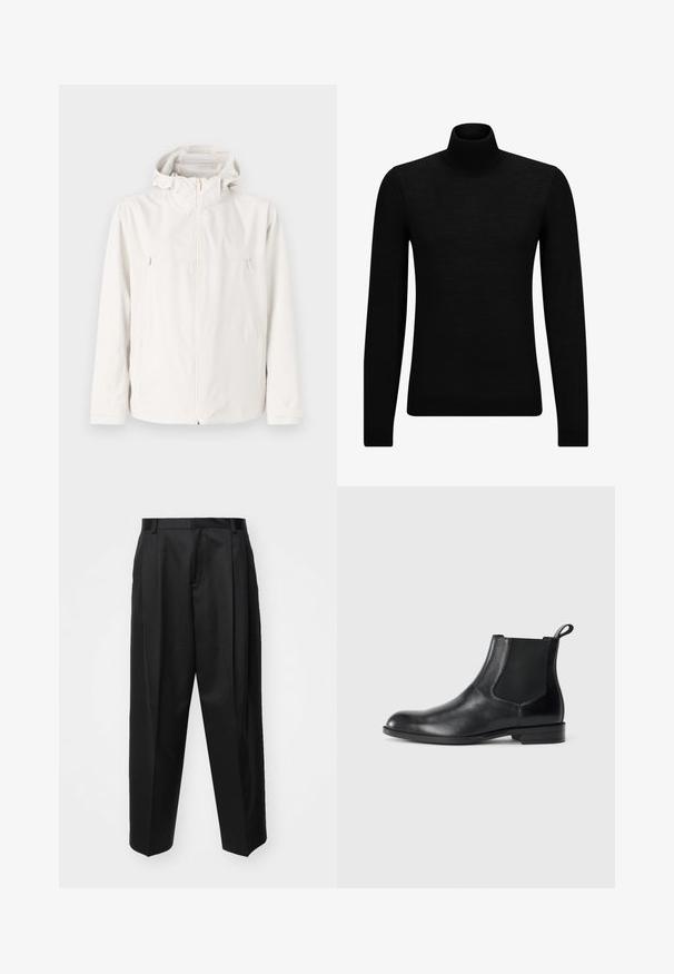 Veste blanche légère avec capuche, fermeture éclair sur le devant et deux poches latérales. Texture lisse et design minimaliste.; Pull à col roulé noir en matériau doux, avec des manches longues et une coupe ajustée. Finition côtelée au bas et aux poignets. Design simple.; Pantalon noir ajusté avec taille haute, jambes larges et plis marqués. Fabriqué dans un tissu lisse avec passants de ceinture et sans quincaillerie visible.; Bottine en cuir noir avec des panneaux latéraux élastiques, bout rond et tirette. Texture lisse, semelle plate, design minimaliste.