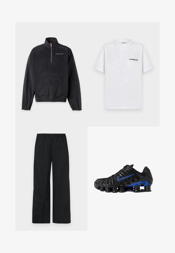 Pull en velours côtelé noir avec une fermeture éclair au quart, des poignets et un ourlet élastiques, et le mot "Jordan" imprimé sur le haut gauche de la poitrine.; T-shirt en coton blanc à manches courtes, col rond, avec le logo Carhartt noir sur la poitrine gauche, texture douce et design basique.; Pantalon noir à jambes larges en tissu léger avec une ceinture élastique et un détail discret de couture incurvée à l'ourlet.; Chaussure de sport noire avec une tige en maille et des accents brillants. Présente un swoosh bleu, un col rembourré et une semelle noire en caoutchouc proéminente avec un amorti visible.