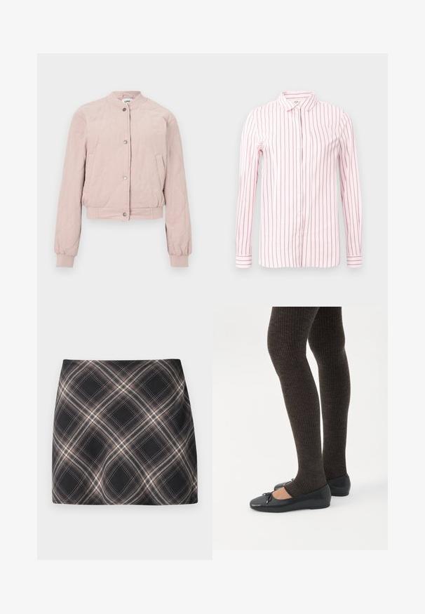 Veste aviateur matelassée rose avec col rond, fermeture à boutons-pression et poches latérales ; dotée de poignets et d'un ourlet côtelés.; Chemise rose clair avec des rayures verticales bordeaux, à manches longues, à fermeture boutonnée à l'avant et avec un col classique. Tissu lisse et design ajusté.; Jupe mini à carreaux noir et beige avec un motif à checks diagonal, taille ajustée et texture de tissu lisse.; Jambes portant des leggings côtelés foncés associés à des ballerines noires avec de petits détails en nœud sur fond blanc.