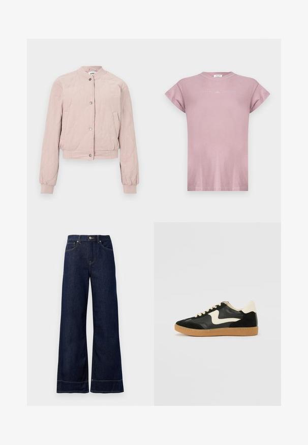 Veste aviateur matelassée rose avec col rond, fermeture à boutons-pression et poches latérales ; dotée de poignets et d'un ourlet côtelés.; T-shirt léger mauve à manches courtes avec des poignets retournés et un logo subtil "REPLAY" sur la poitrine.; Jean large bleu foncé en denim. Caractéristiques : fermeture par bouton, détails de couture et poches latérales. Ourlet évasé en bas.; Baskets en daim et cuir noir avec un swoosh latéral crème et un talon crème clair. Dotées de lacets beige et d'une semelle en caoutchouc gomme.
