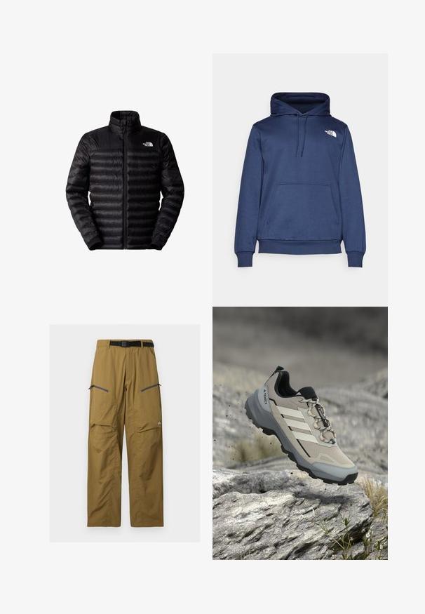 Schwarze isolierte Jacke mit Reißverschluss, hohem Kragen und horizontalem Steppmuster. Verfügt über elastische Bündchen und ein Logo auf der oberen linken Brust.; Marineblaue Kapuzenjacke aus weichem Stoff, mit einer vorderen Kängurutasche, verstellbarem Zugkordelrolle und einem kleinen weißen Logo auf der Brust.; Khakifarbene Outdoor-Hose mit schwarzem verstellbarem Gürtel, zwei Reißverschluss-Oberschenkeltaschen und Knie-Nähten, auf einfachem Hintergrund dargestellt.; Hellgrauer und schwarzer Adidas Terrex Wanderschuh schwebt in der Luft über felsigem Gelände mit kleinen Pflanzen in einer Outdoor-Umgebung.