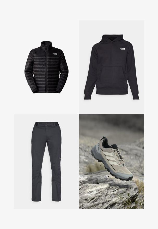 Chaqueta aislante negra con cierre de cremallera en el frente, cuello alto y diseño de acolchado horizontal. Presenta puños elásticos y un logotipo en la parte superior izquierda del pecho.; Sudadera negra con un bolsillo frontal tipo canguro, puños y dobladillo acanalados. Presenta un logo blanco en la parte superior izquierda del pecho. Fabricada en un tejido suave.; Berghaus RIDGE ROAMER - Pantalones montañeros largos - black; Zapato de senderismo Adidas Terrex de color gris claro y negro suspendido en el aire sobre un terreno rocoso con pequeñas plantas en un entorno al aire libre.