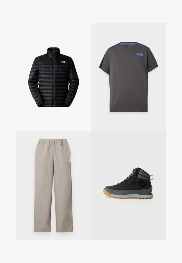 Sort isoleret jakke med lynlås foran, høj krave og vandret quiltet design. Har elastiske manchetter og et logo på den øverste venstre bryst.; Mørkegrå T-shirt med korte ærmer og rund hals med lille blå The North Face-logo på øverste venstre bryst mod hvid baggrund.; Beige bukser med lige ben, elastisk talje og en lille hvid logo på højre sidesøm.; Sorte højtop støvler til vandring lavet af tekstureret ruskind og syntetiske materialer, med grå accenter, robust gummisåle og grå snørebånd.