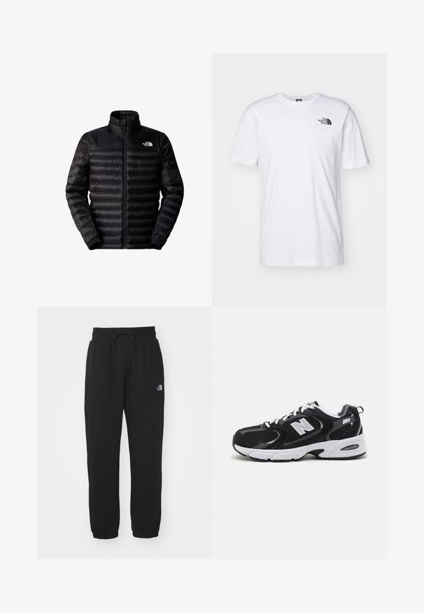 Chaqueta aislante negra con cierre de cremallera en el frente, cuello alto y diseño de acolchado horizontal. Presenta puños elásticos y un logotipo en la parte superior izquierda del pecho.; Camiseta de algodón blanca con un logo negro de The North Face en el lado superior izquierdo del pecho. Diseño de manga corta y cuello redondo.; Pantalones de chándal negros de tela suave, con cinturilla elástica y cordón, tobillos ajustados y un pequeño logo en el muslo superior.; Zapatillas deportivas en negro y gris con parte superior de malla y ante, que cuentan con una entresuela blanca, cordones y un llamativo logo "N" en el lateral.