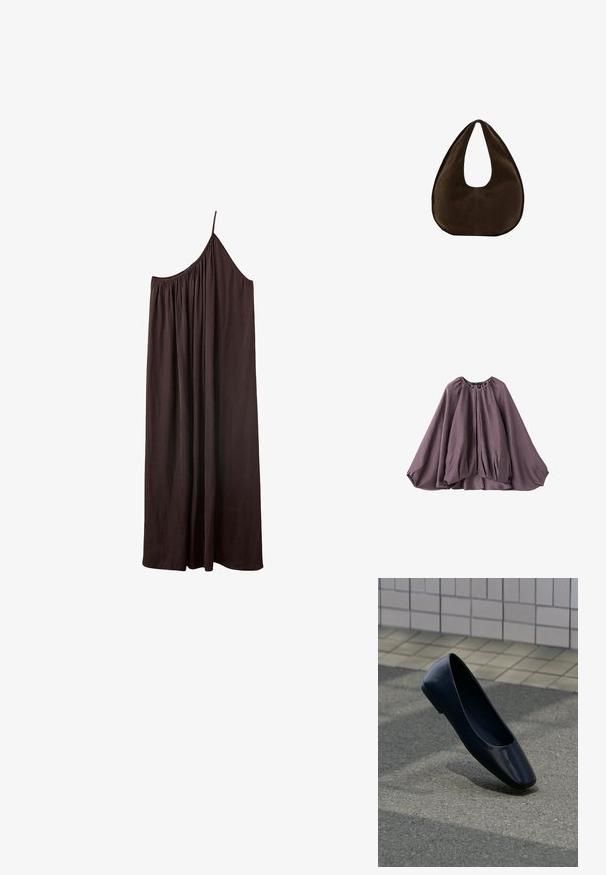 Haut style cape violet avec manches volumineuses, ourlet froncé et fermeture éclair avant. Confectionné en tissu texturé léger.; Robe longue asymétrique marron foncé avec une fine bretelle et un tissu froncé au niveau de l'encolure sur fond blanc.; Chaussure plate en cuir noir debout sur une surface asphaltée près du bord d'un trottoir carrelé.; Sac à main en daim marron foncé en forme de croissant avec une seule sangle large et une texture lisse sur fond blanc.