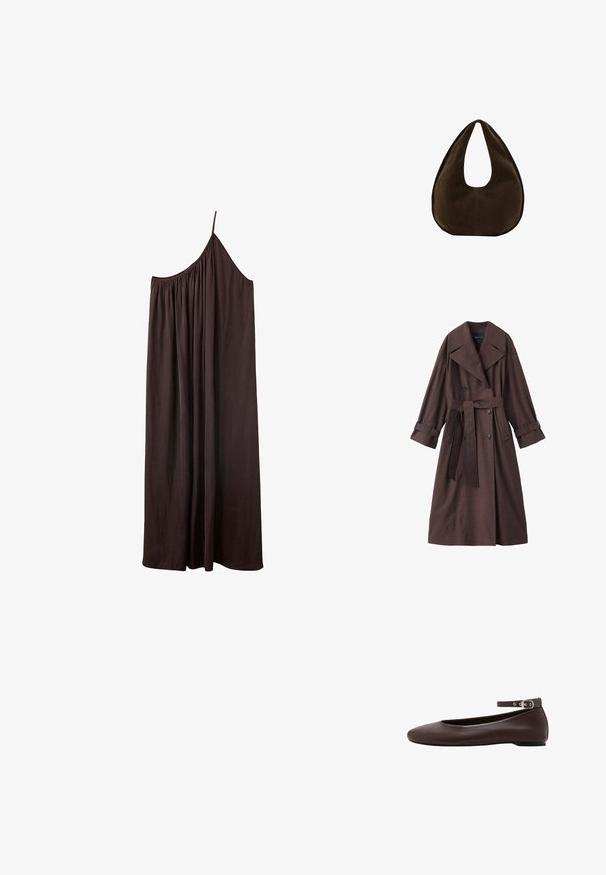 Bruine trenchcoat met een gestructureerde afwerking, dubbelrijks ontwerp, brede kraag, ceintuur in de taille en opgerolde manchetten.; Donkerbruine maxijurk met één schouder, een dun bandje en geplooide stof bij de halslijn tegen een witte achtergrond.; Donkerbruine platte schoen met afgeronde neus en verstelbare enkelband met zilveren gesp op witte achtergrond.; Donkerbruine suède handtas in halve maanvorm met een enkele brede riem en een gladde textuur op een witte achtergrond.