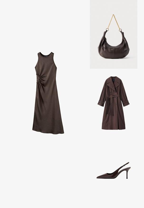 Brun trenchcoat med en tekstureret finish, dobbeltradet design, bred krave, bælte i taljen og rullede manchetter.; Brun ærmeløs kjole lavet af en glat stof med en rynket detalje på siden, med en lang, lige silhuet og en rund halsudskæring.; Brune patenteret læder slingback hæle med spids tå, slank hæl og justerbar spænde-rem. Glat tekstur og skinnende finish.; Blød, mørkebrun skuldertaske i læder med knyttede ender og en kort guldkæde som rem, mod en enkel lys baggrund.