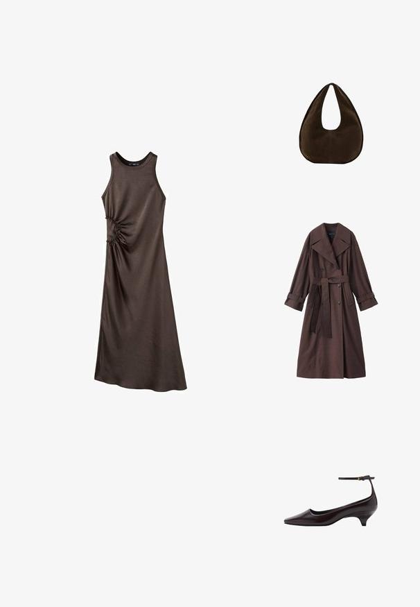 Brauner Trenchcoat mit strukturierter Oberfläche, doppelreihigem Design, breitem Kragen, Taillengürtel und hochgekrempelten Ärmelenden.; Braunes ärmelloses Kleid aus glattem Stoff mit einer gerafften Detail an der Seite, mit einer langen, geraden Silhouette und einem runden Ausschnitt.; Dunkelbraunes, spitz zulaufendes Lederschuh mit Kitten-Heel, dünnem Knöchelriemen und kleiner goldener Schnalle.; Dunkelbraune Wildleder-Handtasche in Halbmondform mit einem breiten Riemen und glatter Textur vor weißem Hintergrund.