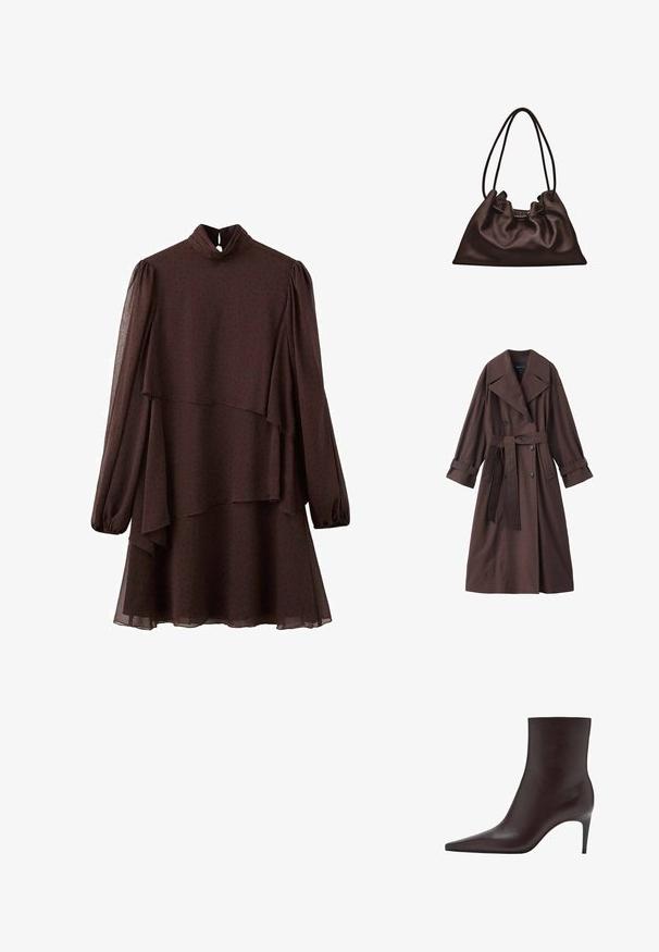 Bruine trenchcoat met een gestructureerde afwerking, dubbelrijks ontwerp, brede kraag, ceintuur in de taille en opgerolde manchetten.; Donkerbruine jurk met lange mouwen, asymmetrische gelaagde zoom, hoge hals met knoopsluiting en subtiel gestippeld patroon.; Bruine leren enkelboot met een spitse neus, slanke schacht en een dunne, hoge hak. Gladde textuur, minimalistisch ontwerp, geen zichtbare hardware.; Zachte donkerbruine leren handtas met een slungelige vorm en twee dunne schouderbandjes tegen een witte achtergrond.