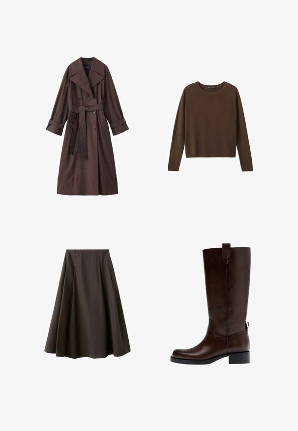 Brauner Trenchcoat mit strukturierter Oberfläche, doppelreihigem Design, breitem Kragen, Taillengürtel und hochgekrempelten Ärmelenden.; Brauner Pullover mit Rundhalsausschnitt und langen Ärmeln, schlichtes, einfarbiges Design mit geripptem Kragen, Bündchen und Saum.; Schwarzer A-Linien-Rock mit hoher Taille und ausgestelltem Saum, aus glattem Stoff, vor weißem Hintergrund gezeigt.; Dunkelbrauner kniehoher Lederstiefel mit niedrigem Blockabsatz, Zuglasche oben und hinten sowie abgerundeter Spitze, seitlich dargestellt.