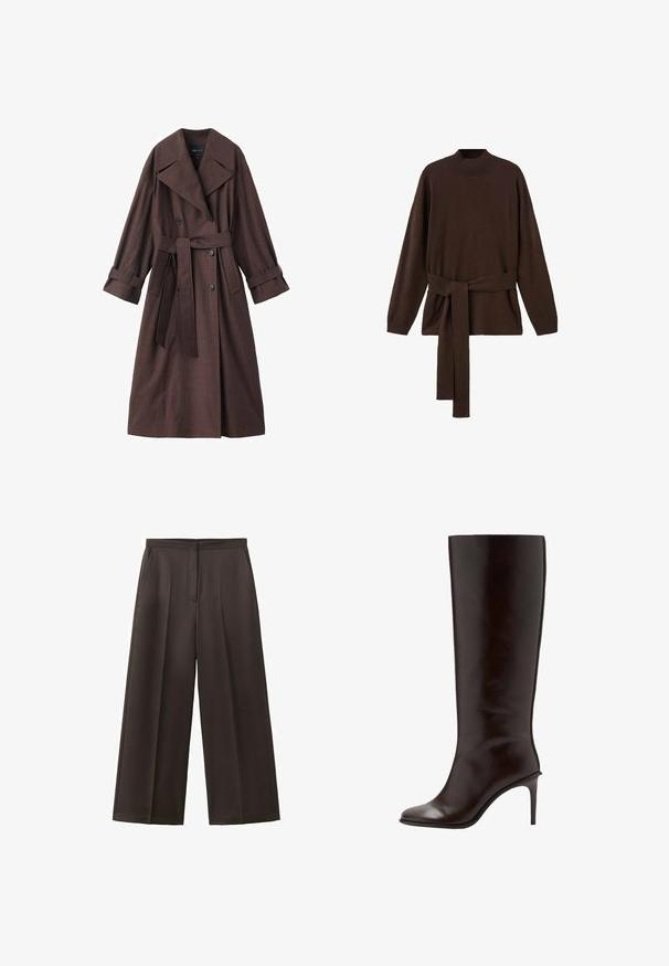 Brauner Trenchcoat mit strukturierter Oberfläche, doppelreihigem Design, breitem Kragen, Taillengürtel und hochgekrempelten Ärmelenden.; Brauner Strickpullover mit hochgeschlossenem Kragen, langen Ärmeln und passendem Taillengürtel. Weiche Textur und entspannte Passform.; Schwarze Hose mit weitem Bein, hohem Bund, vorderen Falten und Seitentaschen, entworfen für formelle oder geschäftliche Anlässe.; Brauner kniehoher Lederstiefel mit schlankem Design, spitz zulaufender Zehenpartie und dünnem hohen Absatz. Glatte Textur mit minimalen Nahtdetails.