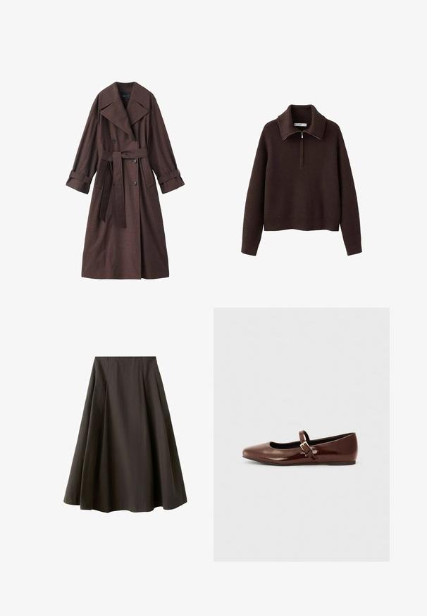 Bruine trenchcoat met een gestructureerde afwerking, dubbelrijks ontwerp, brede kraag, ceintuur in de taille en opgerolde manchetten.; Bruine geribbelde trui met hoge kraag en halfhoge ritssluiting. Heeft een losse pasvorm en een zachte textuur.; Zwarte A-lijn rok met hoge taille en uitlopende zoom, gemaakt van gladde stof, getoond tegen een witte achtergrond.; Bruine gepatineerde leren balletschoen met een vierkante neus en een bandje met een kleine gouden gesp. Gladde textuur, lage hak en minimalistisch ontwerp.