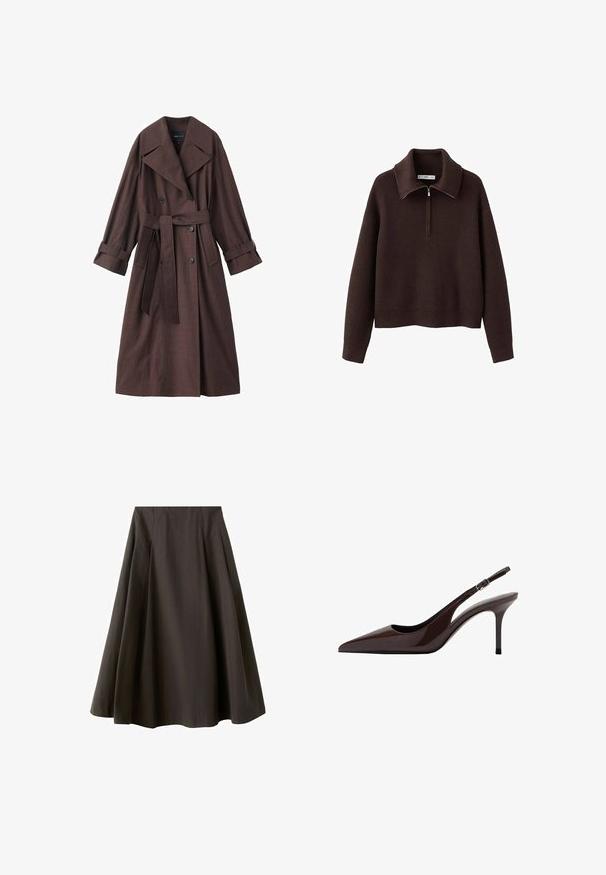 Brauner Trenchcoat mit strukturierter Oberfläche, doppelreihigem Design, breitem Kragen, Taillengürtel und hochgekrempelten Ärmelenden.; Brauner, gerippter Pullover mit hohem Kragen und halbtransparentem Reißverschluss. Verfügt über eine lockere Passform und eine weiche Textur.; Schwarzer A-Linien-Rock mit hoher Taille und ausgestelltem Saum, aus glattem Stoff, vor weißem Hintergrund gezeigt.; Braune patentierte Leder Slingback-Absätze mit spitzem Zehenbereich, schlankem Absatz und verstellbarem Schnallenriemen. Glatte Textur und glänzende Oberfläche.