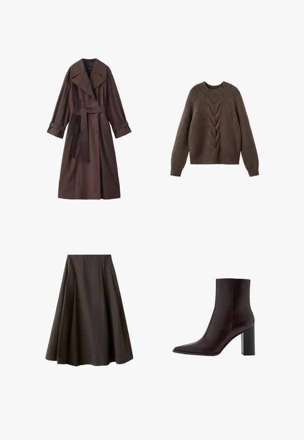Brun trenchcoat med en tekstureret finish, dobbeltradet design, bred krave, bælte i taljen og rullede manchetter.; Brun strikket sweater med rund halsudskæring, lange ærmer og et kabelstrikdesign, der løber ned langs fronten. Ribbet kant og manchetter.; Sort A-formet nederdel med høj talje og vid nederste kant, lavet af glat stof, vist mod en hvid baggrund.; Brun læderankelstøvle med spids snude, glat tekstur og en kraftig sort høj hæl. Har minimal syning og et slankt design.
