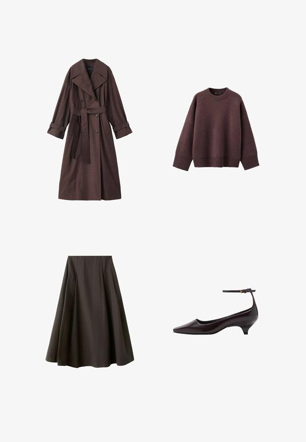 Brauner Trenchcoat mit strukturierter Oberfläche, doppelreihigem Design, breitem Kragen, Taillengürtel und hochgekrempelten Ärmelenden.; Locker geschnittener Pullover in dunklem Burgunderrot aus weichem Strickstoff. Mit einem gerippten Rundhalsausschnitt, weiten Ärmeln und einem gerippten Saum.; Schwarzer A-Linien-Rock mit hoher Taille und ausgestelltem Saum, aus glattem Stoff, vor weißem Hintergrund gezeigt.; Dunkelbraunes, spitz zulaufendes Lederschuh mit Kitten-Heel, dünnem Knöchelriemen und kleiner goldener Schnalle.
