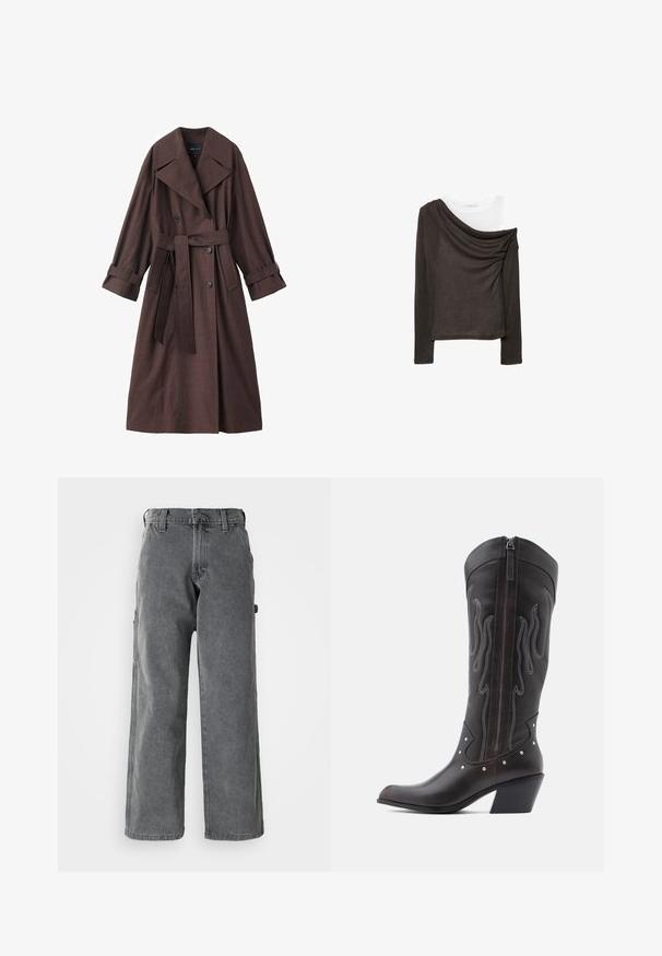 Manteau trench marron avec une finition texturée, design double boutonnage, large col, taille ceinturée et poignets retroussés.; Haut noir à manches longues porté sur un débardeur blanc avec un design drapé épaules dénudées sur fond blanc.; Pantalons cargo gris à larges jambes en denim, dotés de poches latérales, d'une fermeture à bouton et d'une coupe droite. Le tissu a une texture douce.; Bottes de cowboy en cuir marron avec surpiqûres en forme de flammes, fermeture éclair latérale, clous argentés, bout pointu et talon superposé.