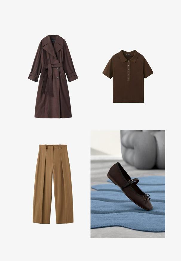 Bruine trenchcoat met een gestructureerde afwerking, dubbelrijks ontwerp, brede kraag, ceintuur in de taille en opgerolde manchetten.; Bruine korte mouw gebreide poloshirt met vijf knopen aan de voorkant en een klassieke kraag, weergegeven op een witte achtergrond.; Brunette hoge taille wijde broek met subtiele krijtstrepen, plooien aan de voorkant, lussen voor een riem en een verborgen rits aan de voorkant.; Donkerbruine Mary Jane platte schoen met gesp en strikdetail, rustend op een golvend blauw gestructureerd tapijt en een grijze gestoffeerde bank op de achtergrond.