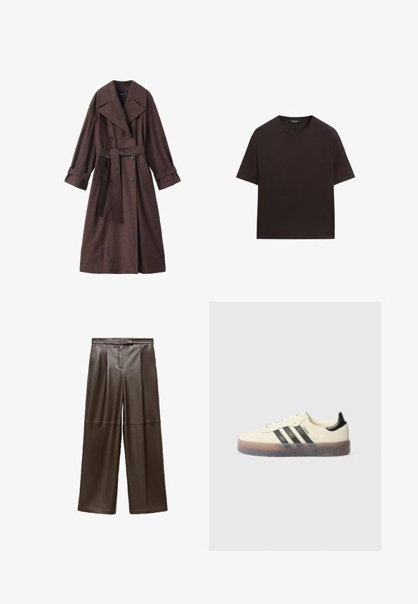Brun trenchcoat med en tekstureret finish, dobbeltradet design, bred krave, bælte i taljen og rullede manchetter.; Enkelt mørkebrunt kortærmet bomuld T-shirt med rund halsudskæring, vist fladt mod en hvid baggrund.; Brune læder brede bukser med en glat tekstur, der har folder foran og et klassisk taljebånddesign.; Beige sneakers med tre sorte striber, rund tå, tekstureret gummisål og glat overdel. Har polstret hæl og minimal branding.