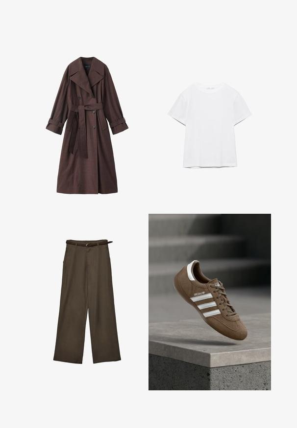Brauner Trenchcoat mit strukturierter Oberfläche, doppelreihigem Design, breitem Kragen, Taillengürtel und hochgekrempelten Ärmelenden.; Unifarbenes weißes T-Shirt mit kurzen Ärmeln und Rundhalsausschnitt, gerader Saum, dargestellt auf weißem Hintergrund.; Braune weite Hose mit passendem braunen Gürtel, flach auf weißem Hintergrund präsentiert.; Brauner Adidas Spezial Sneaker aus Wildleder mit weißen Streifen und Schnürsenkeln, schwebt über einer grauen Betonkante vor unscharfem Treppenhintergrund.