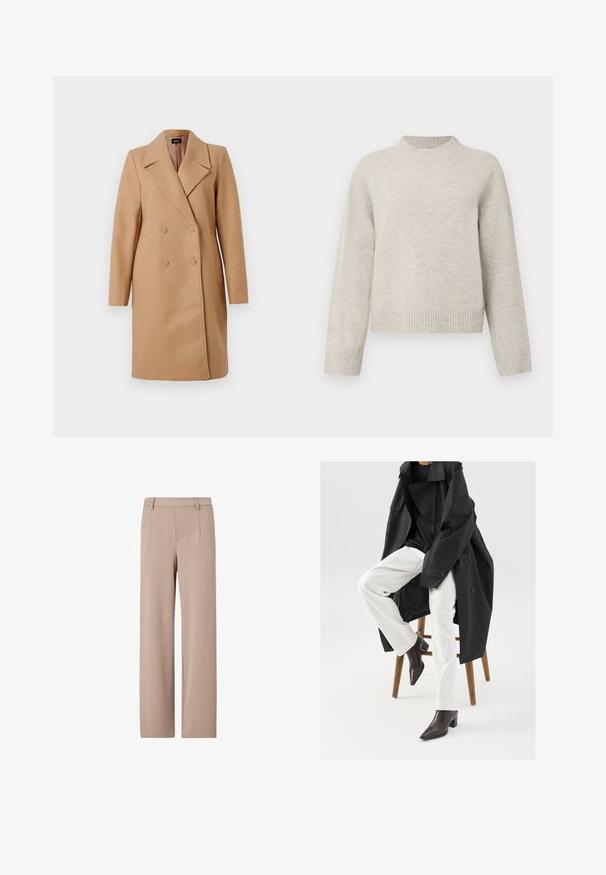 Manteau camel croisé avec col à revers, en tissu épais, doté de deux boutons, de poches latérales et de manches longues.; Pull en tricot épais gris clair avec un col rond, des épaules tombantes et des bords côtelés aux poignets et à l'ourlet. Texture douce, coupe décontractée.; Pantalon beige taille haute à jambes larges, avec passants de ceinture, plis devant et fermeture avant dissimulée.; Un trench-coat noir, surdimensionné, porté sur un haut noir, associé à un pantalon blanc et des bottines à bout pointu marron, assis sur un tabouret en bois.