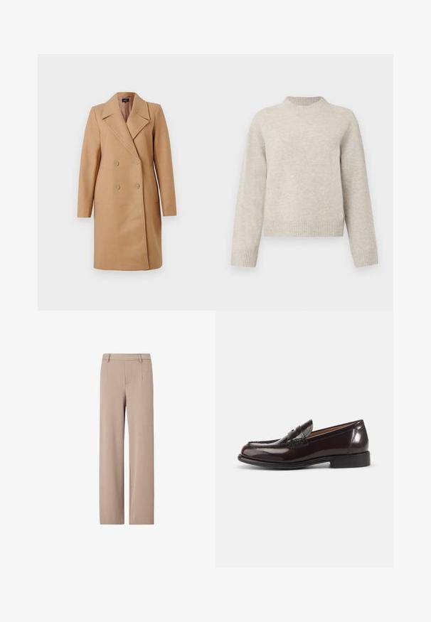 Manteau camel croisé avec col à revers, en tissu épais, doté de deux boutons, de poches latérales et de manches longues.; Pull en tricot épais gris clair avec un col rond, des épaules tombantes et des bords côtelés aux poignets et à l'ourlet. Texture douce, coupe décontractée.; Pantalon beige taille haute à jambes larges, avec passants de ceinture, plis devant et fermeture avant dissimulée.; Mocassin penny pour homme en cuir brun foncé poli avec talon bas et détails cousus sur fond blanc.