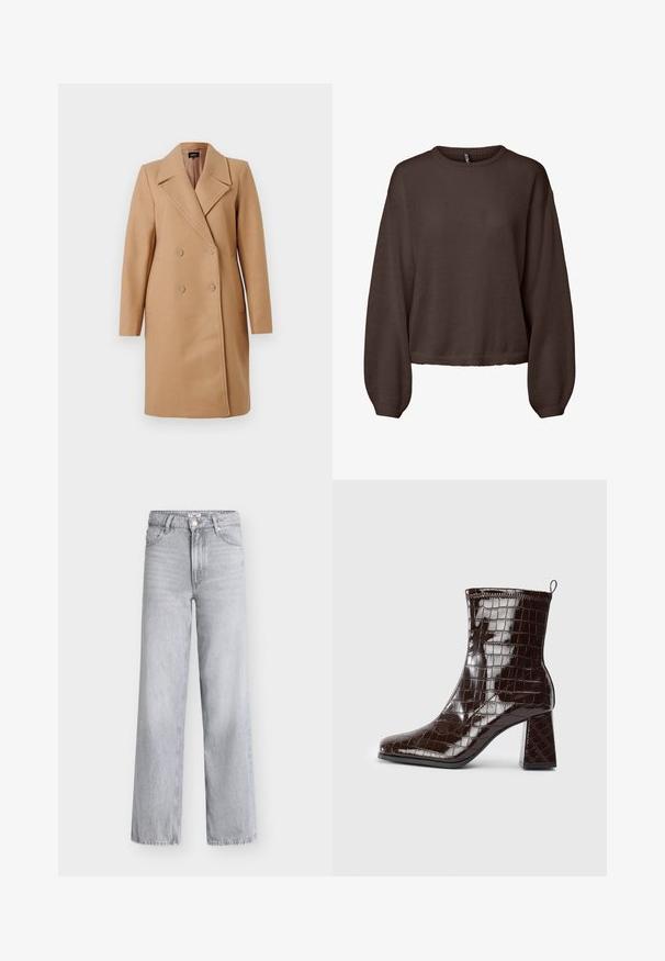 Manteau camel croisé avec col à revers, en tissu épais, doté de deux boutons, de poches latérales et de manches longues.; Pull en maille marron à manches longues, col rond côtelé, coupe ample et ourlet légèrement raccourci, présenté sur fond blanc uni.; Jean en denim gris clair, coupe large, taille haute, cinq poches, boutonnière avant, et détail d'ourlet brut. Texture lisse avec un léger effet délavé.; Bottine en cuir verni marron foncé, avec texture crocodile, talon carré et tirant à l'arrière sur fond blanc.