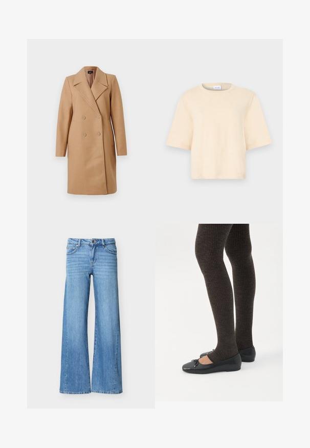 Manteau camel croisé avec col à revers, en tissu épais, doté de deux boutons, de poches latérales et de manches longues.; T-shirt en coton beige à manches courtes, col rond, et coupe décontractée. Texture lisse sans motifs ni accents supplémentaires.; Jean en denim bleu clair avec une taille haute, fermeture à boutons et fermeture éclair, poches avant, et jambes larges.; Jambes portant des leggings côtelés foncés associés à des ballerines noires avec de petits détails en nœud sur fond blanc.