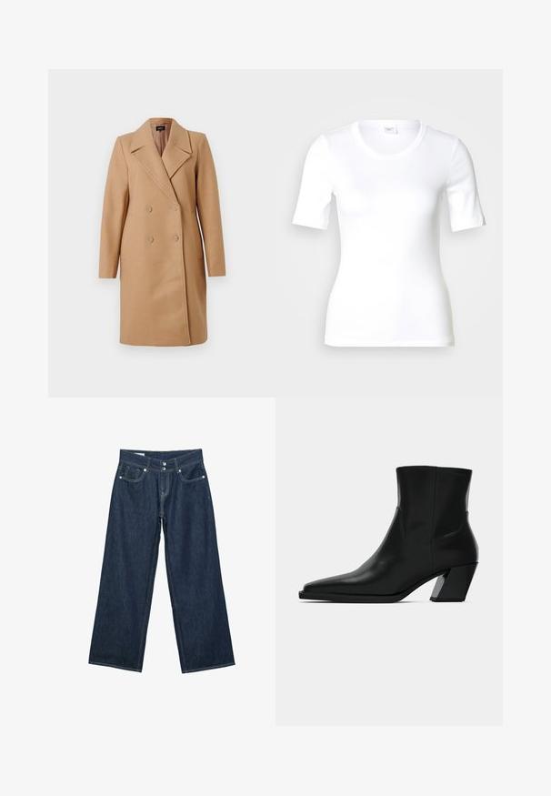Manteau camel croisé avec col à revers, en tissu épais, doté de deux boutons, de poches latérales et de manches longues.; T-shirt blanc à manches courtes en coton lisse, doté d'un col rond et d'une coupe ajustée. Design classique, sans motifs ni accents.; Jeans en denim bleu foncé à jambes larges avec fermeture à double bouton, poches avant et surpiqûres contrastantes sur fond blanc.; Bottine en cuir noir avec un bout pointu, une silhouette élégante et un talon carré massif. Texture lisse avec des détails de couture minimalistes.