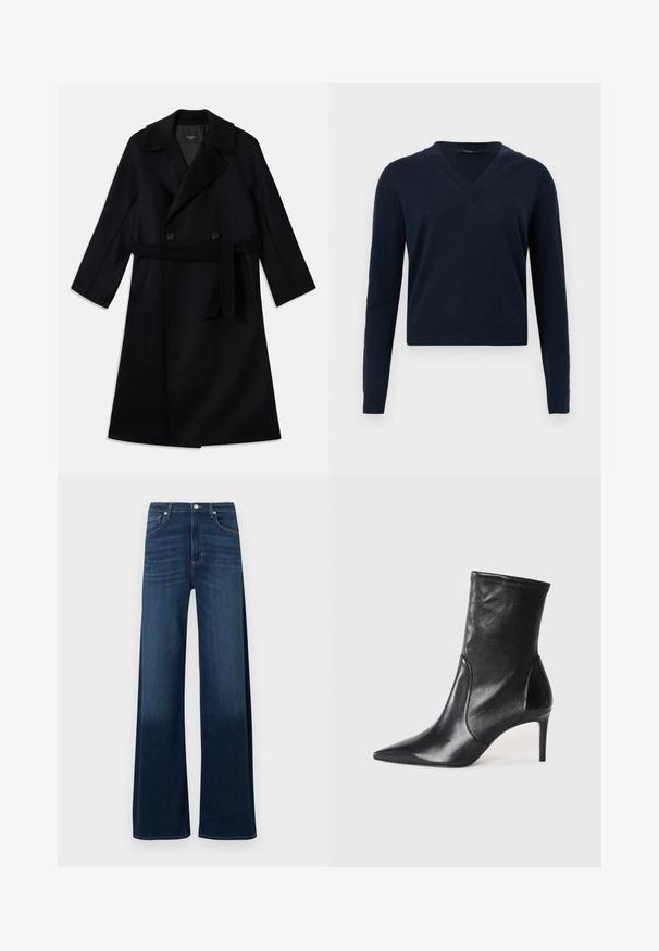 Long manteau noir croisé avec larges revers, une ceinture à nouer et des poches sur les côtés, fabriqué en tissu en laine lisse.; Pull bleu marine à col en V avec manches longues, poignets et ourlet côtelés, présenté sur un fond gris clair.; Jean à jambes larges en denim bleu foncé. Caractéristiques : taille haute, cinq poches, légères décolorations et surpiqûres décoratives le long des coutures.; Bottes noires à la cheville en cuir lisse, dotées d'un bout pointu, d'un tige ajustée et d'un talon haut fin. Design minimaliste sans quincaillerie visible.
