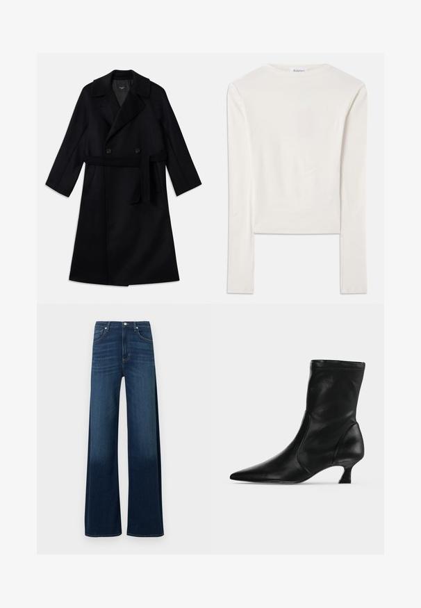 Long manteau noir croisé avec larges revers, une ceinture à nouer et des poches sur les côtés, fabriqué en tissu en laine lisse.; Haut à manches longues blanc en coton, dotée d'un col ras du cou simple et d'une coupe ajustée. Le tissu est lisse avec une légère élasticité.; Jean à jambes larges en denim bleu foncé. Caractéristiques : taille haute, cinq poches, légères décolorations et surpiqûres décoratives le long des coutures.; Botte mi-mollet en cuir noir avec bout pointu et petit talon kitten, vue de profil sur un fond clair uni.